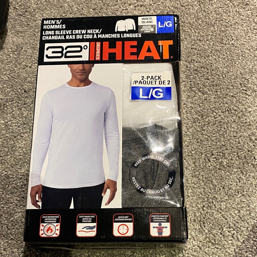 32 Degrees Heat White Crew Neck Long Sleeve 2-Pack new in box size large